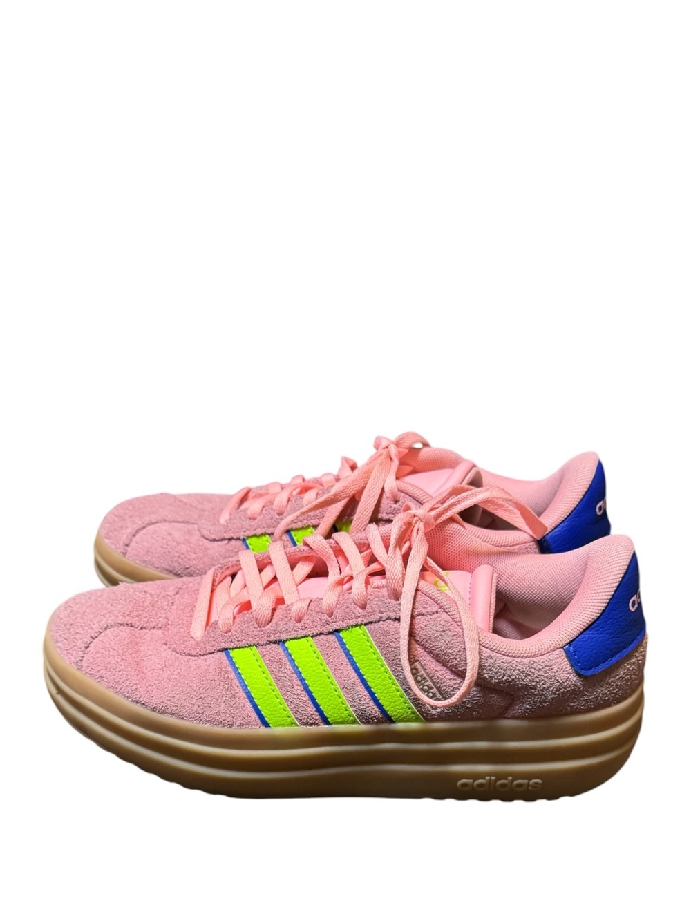 adidas VL Court Bold Pink Suede Sneakers with Neon Yellow & Green Stripes Sz 6